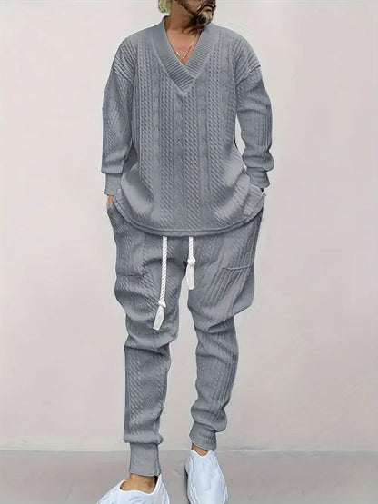 Mens V Neck Sweatshirt Jacquard Tracksuit 2 Piece Men Baggy Sweatsuit Sets Men's Jogging Tracksuit Set Outfit for Men