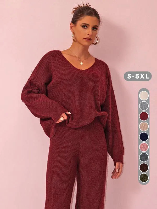 Two-piece Set Women's Solid Color Drop Shoulder Sweater & Pants