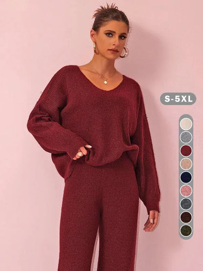 Two-piece Set Women's Solid Color Drop Shoulder Sweater & Pants
