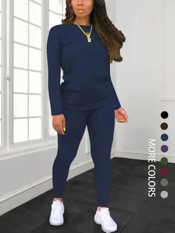 Women's Minimalist Chic Solid Long Sleeve & Elastic Waist Pants Set