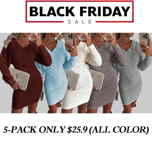 Women V Neck Knit Sweater Dress Pullover Hollow Out Casual Batwing Sleeve