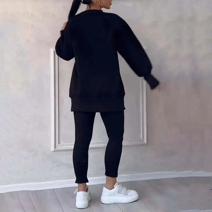 🎉Christmas Deals🎉Women's Casual Solid Color Round Neck Long Sleeve Slit Hem Sweatshirt Leggings Set
