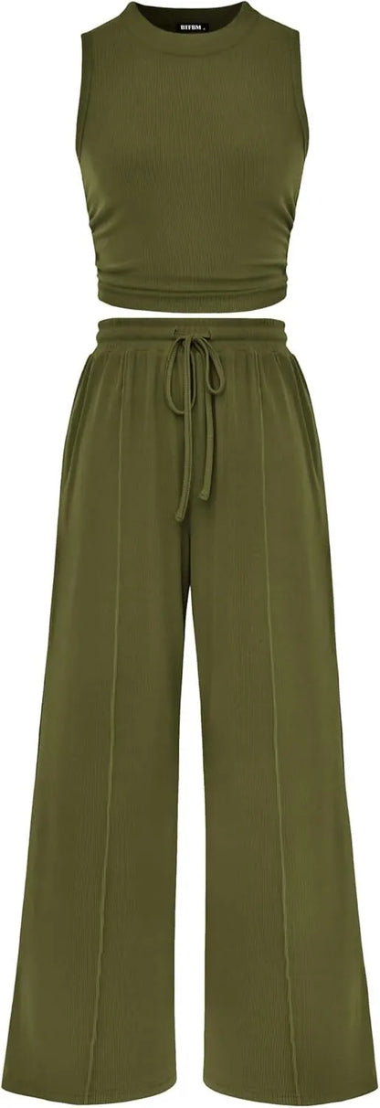Women Summer 2 Piece Outfits 2026 Beach Crew Neck Sleeveless Cropped Top Elastic Waist Wide Leg Pants Lounge Set
