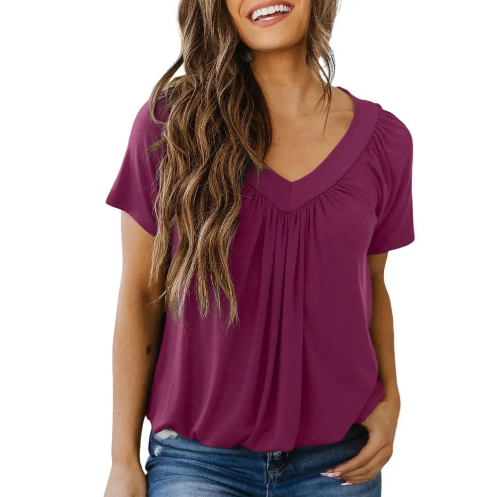 Women's Loose V-Neck Tee – Soft, Shirred Summer Top