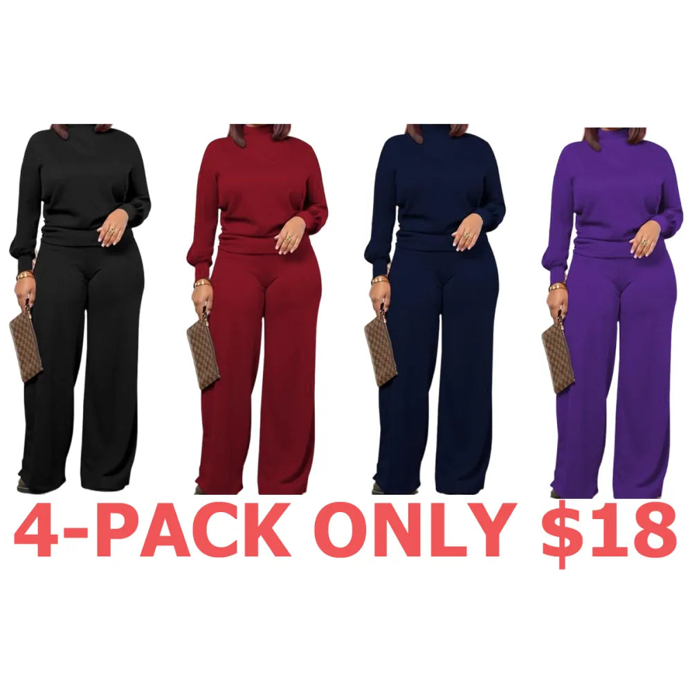 Women Fall Winter Long Sleeve Semi High Neck Loose Top & Wide Leg Pants