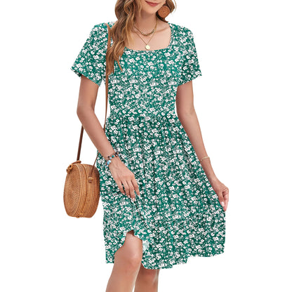 Women Square Neck Ditsy Floral Dress, Ruffle Empire Waist A-Line Sundress With Pockets