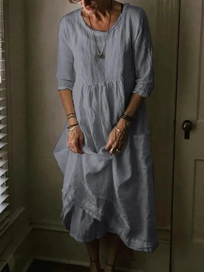 Womens Casual Round Neck Linen Solid Long Maxidress