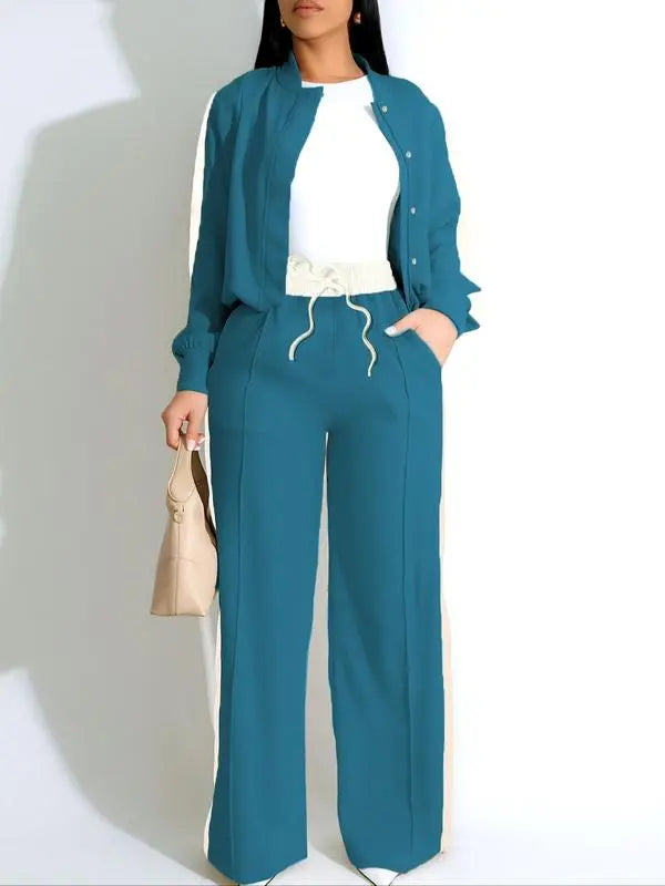 Women's Patchwork Top & Wide Leg Pants Set