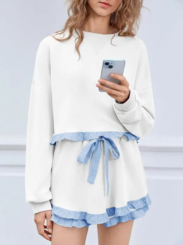 Women's 2 Piece Lounge Sets Ruffle Color Block Cropped Sweatshirts Casual Drawstring Shorts Fall Loose Sweatsuits