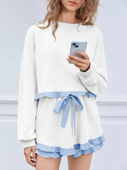 Women's 2 Piece Lounge Sets Ruffle Color Block Cropped Sweatshirts Casual Drawstring Shorts Fall Loose Sweatsuits