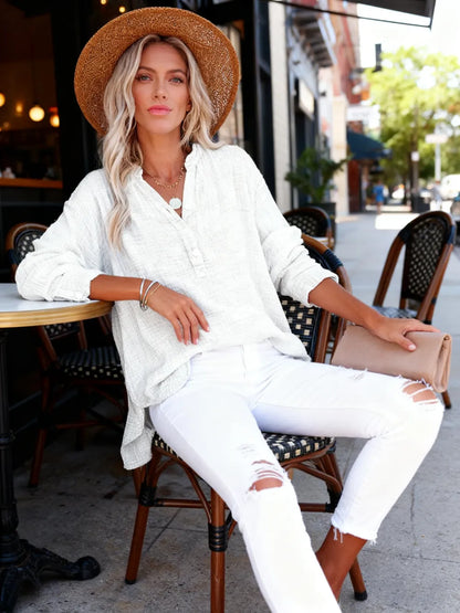 Women's Casual Button V Neck Long Sleeve Shirts