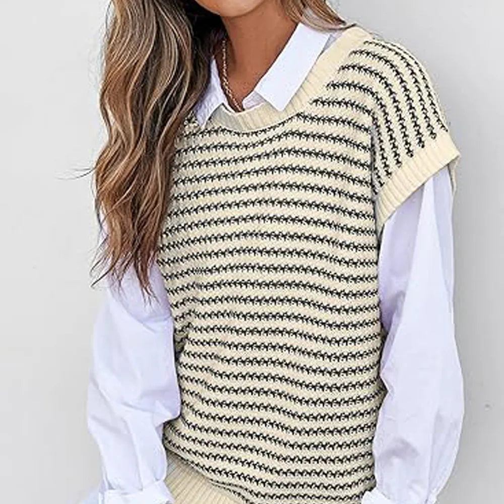 Women's knitted vest, striped pullover, sleeveless top, round neck