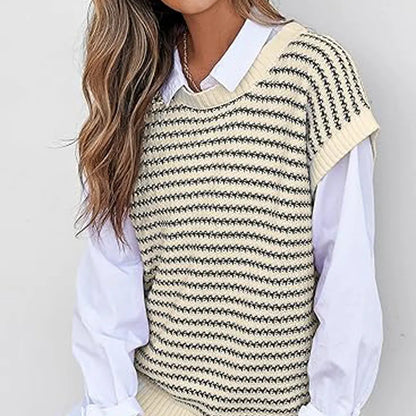 Women's knitted vest, striped pullover, sleeveless top, round neck