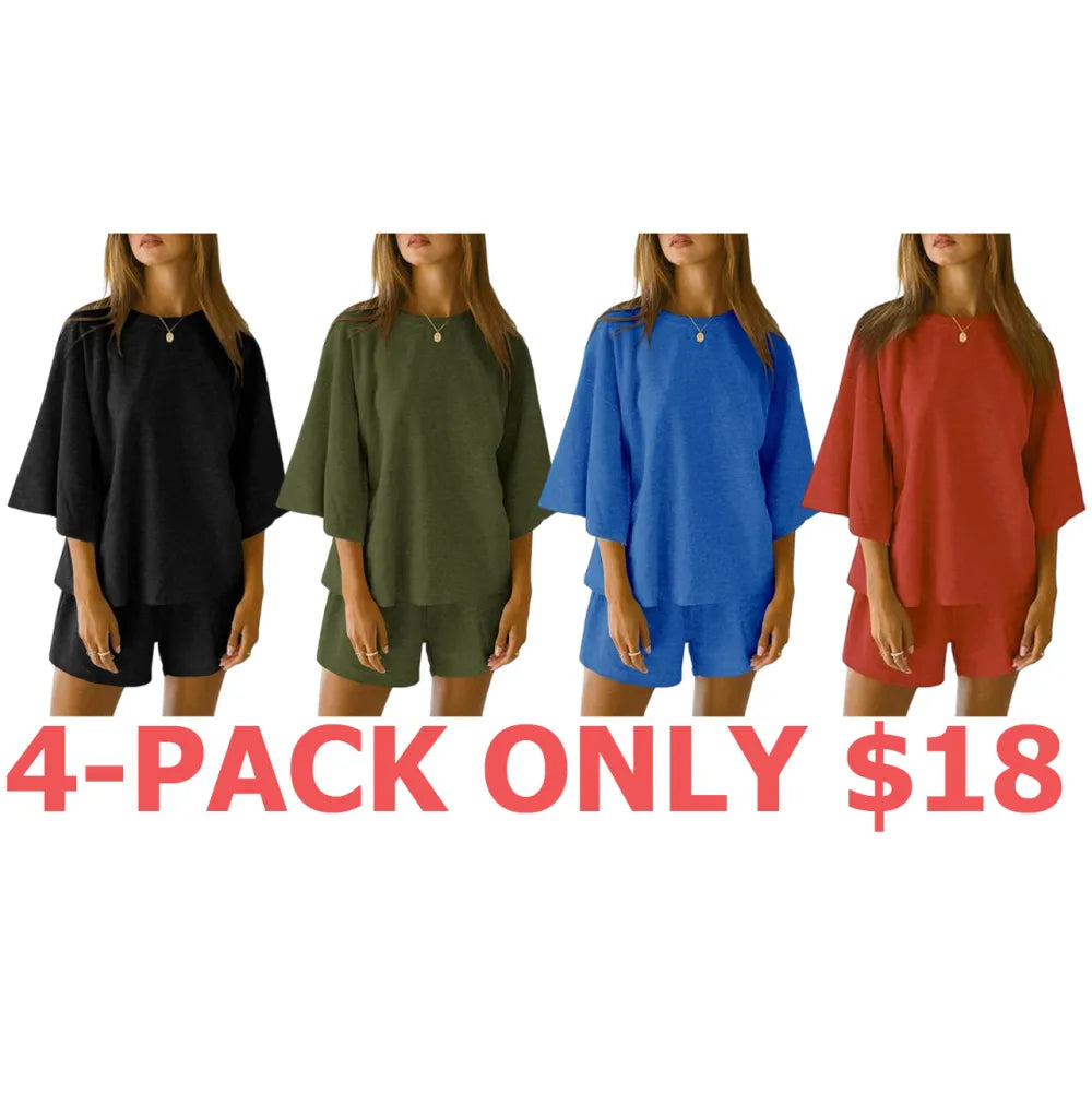 Womens 2 Piece Outfits 3/4 Sleeve Tops and Elastic Waist Shorts Lounge