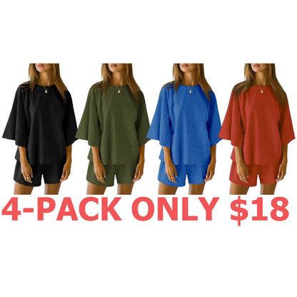 Womens 2 Piece Outfits 3/4 Sleeve Tops and Elastic Waist Shorts Lounge