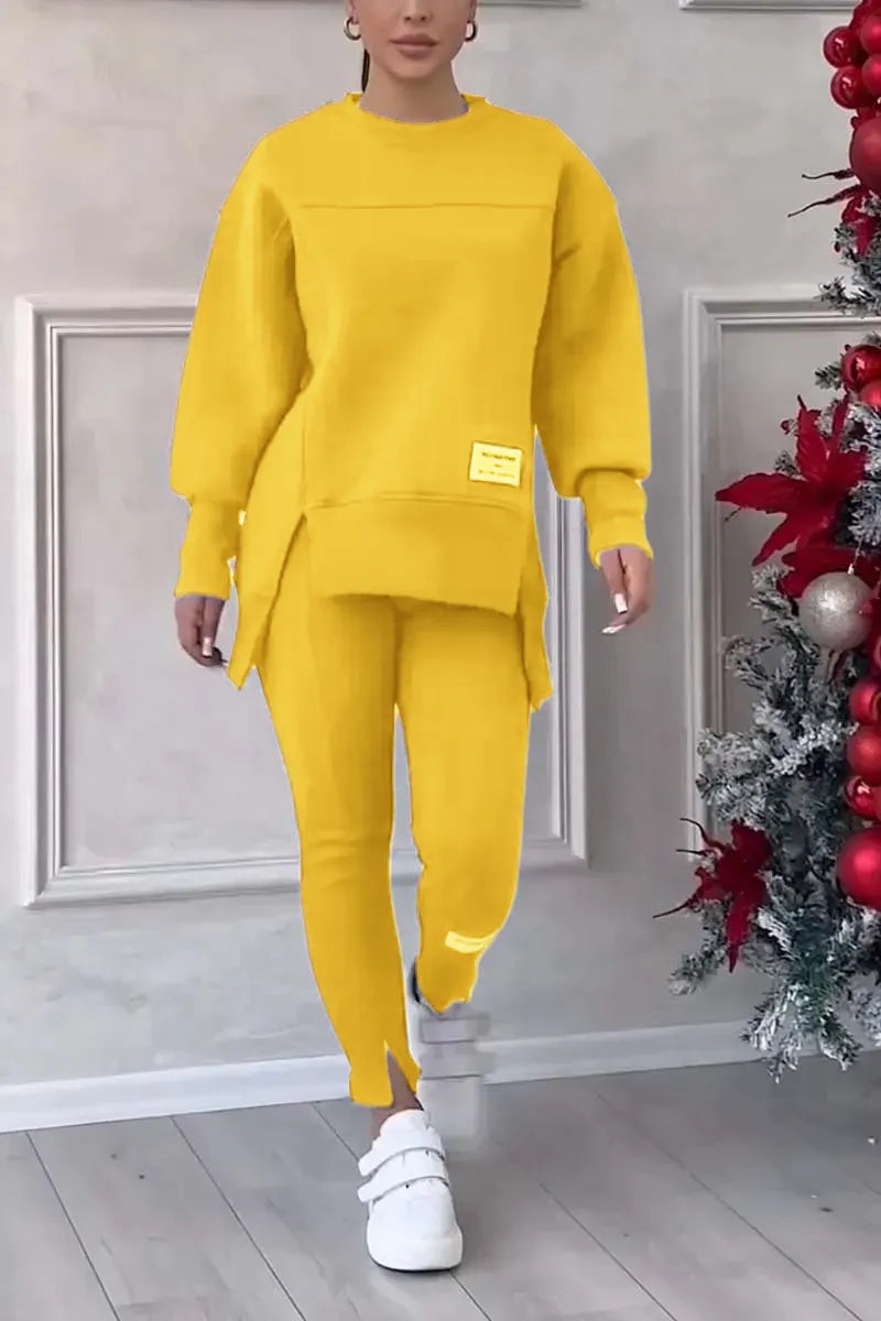 🎉Christmas Deals🎉Women's Casual Solid Color Round Neck Long Sleeve Slit Hem Sweatshirt Leggings Set