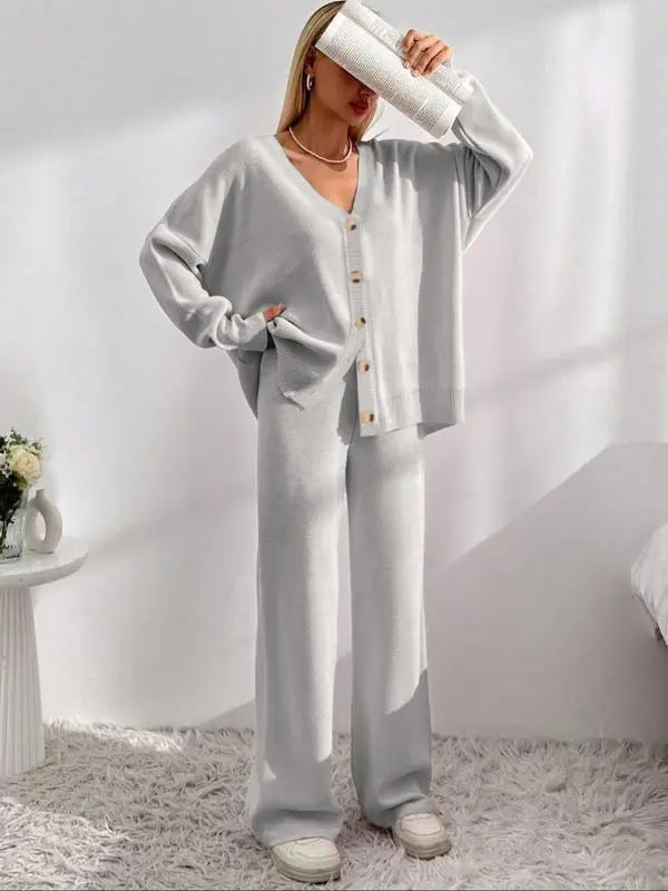 Women's Solid Button Front Drop Shoulder V Neck Cardigan & Elastic Waist Wide Leg