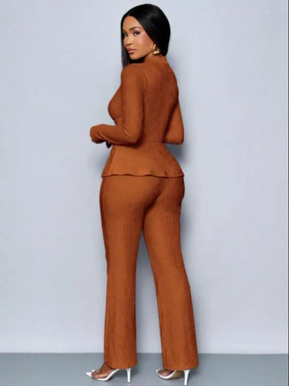 Women's Solid-Color Elegant V-Neck Long-Sleeve and Wide-Leg Pants Set