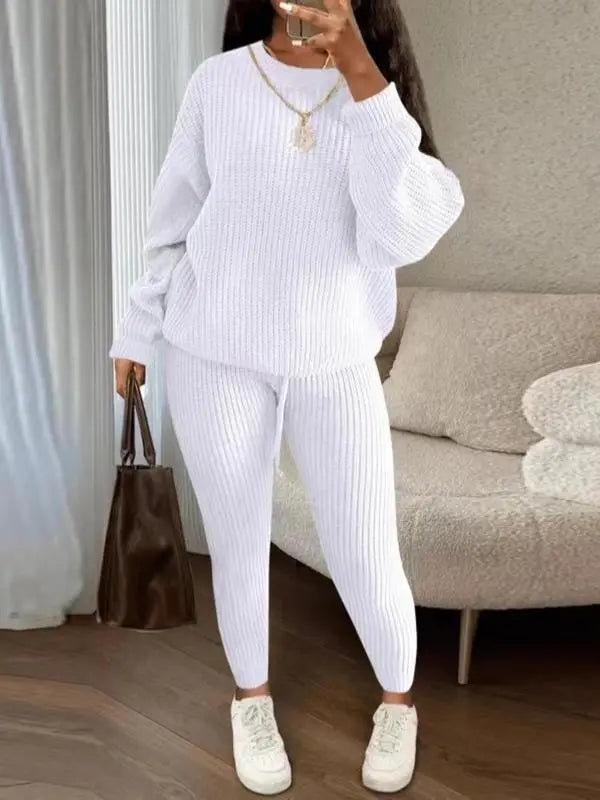 Women's Solid Drop Shoulder Long Sleeve Sweater & Drawstring Waist Pants Set