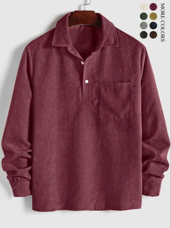 Men's Plain Pocket Half Button Corduroy Shirt