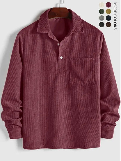 Men's Plain Pocket Half Button Corduroy Shirt