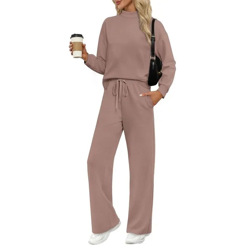 Two Piece Sets for Women Fall Outfits Lounge Sets Mock Neck Tops Wide Leg Pants Vacation Travel Airport Outfits Casual Long Sleeve