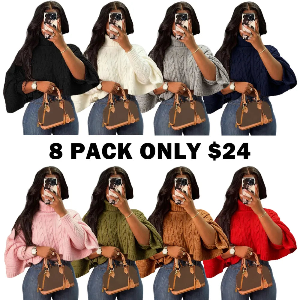 Women's Textured Split Sleeve Turtle Neck Cropped Sweater