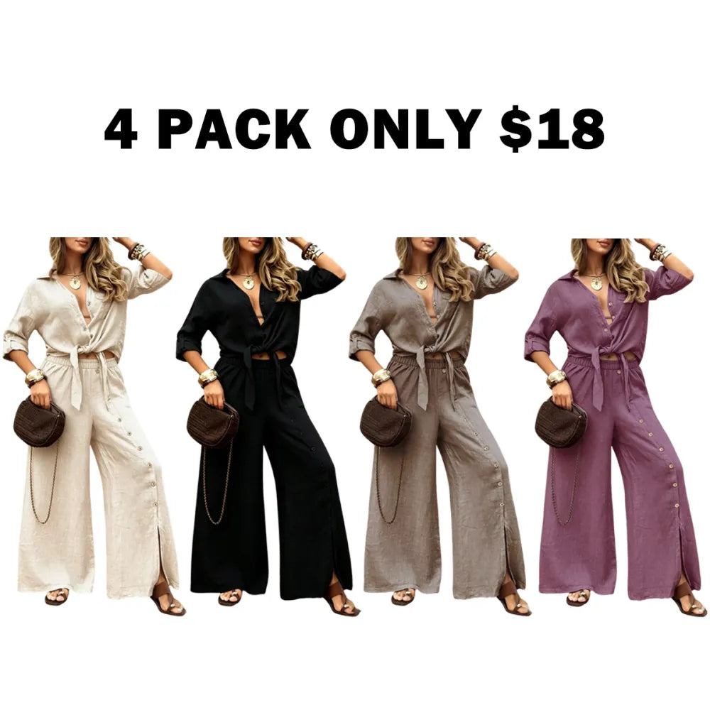 Women's Long Sleeve Loose Fit Shirt Set with Tie Hem
