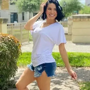 Womens Short Sleeve V Neck Dolman Tops with Side Shirring