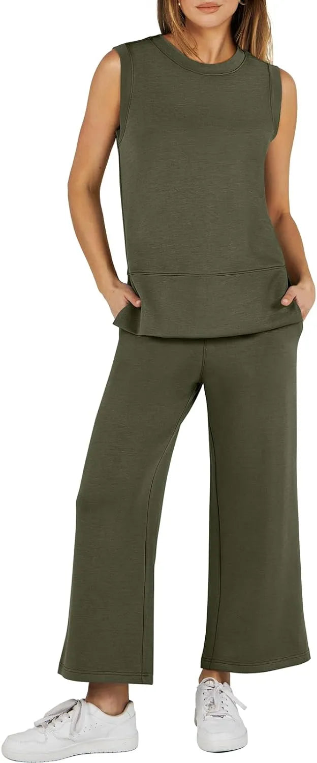 Women's 2 Piece Sets Summer Outfits Sleeveless Wide Leg Tracksuits Casual Sweat Sets Lounge Sweatsuits