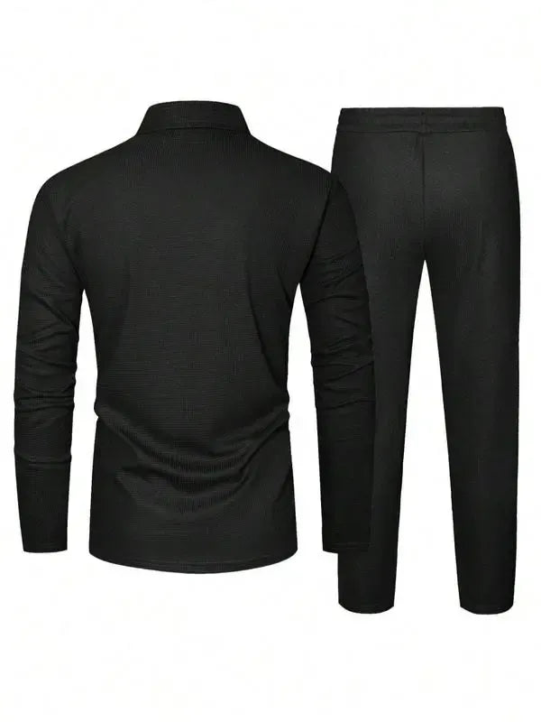 Men's Solid Textured Long Sleeve Polo Shirt & Drawstring Waist Pants Set