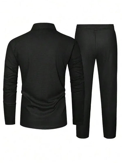 Men's Solid Textured Long Sleeve Polo Shirt & Drawstring Waist Pants Set