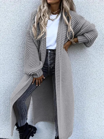 Women's Solid Split Hem Bishop Sleeve Open Front Longline Cardigan, Knit Clothing for Daily Wear, Womenswear