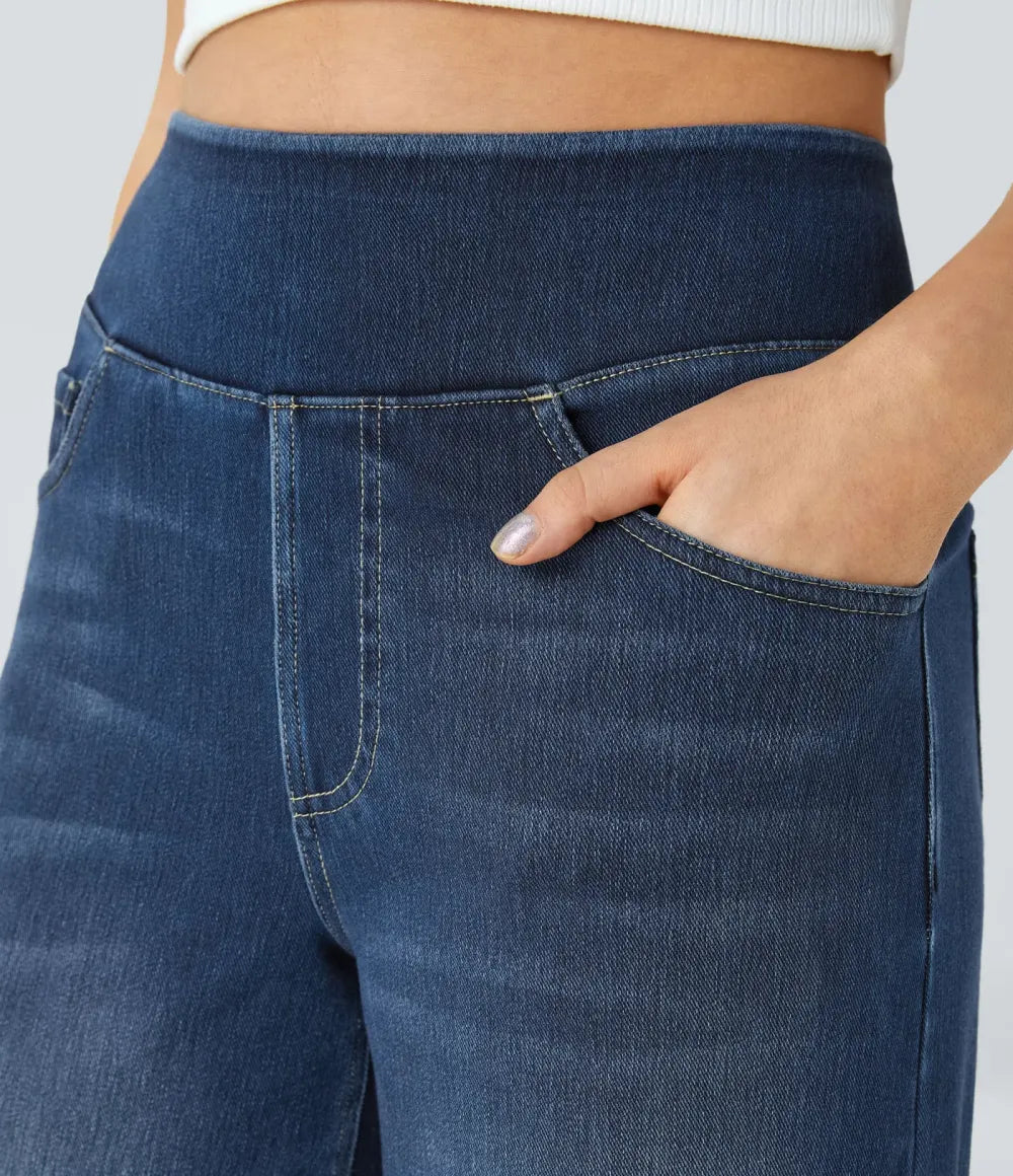 💝Last Day Promotion⚡High Waisted Multiple Pockets Baggy Wide Leg Washed Stretchy Knit Casual Jeans
