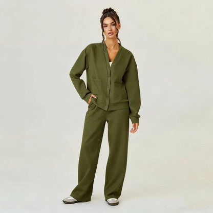 Women's Slouchy Solid Color V Neck Long Sleeve Button Cardigan & Drawstring Waist Trousers Co-ord
