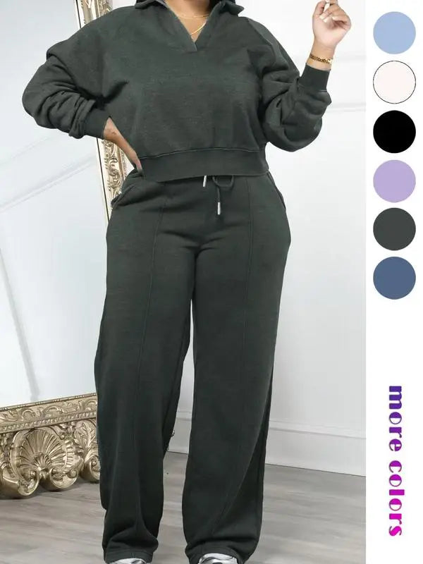 Women's Solid Long Sleeve Sweatshirt & Drawstring Waist Pants Set, Casual Fashion