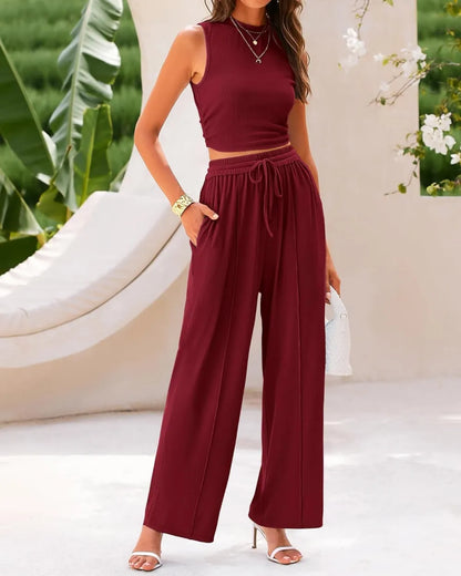 Women Summer 2 Piece Outfits Ribbed Knit Cropped Top Elastic Waist Wide Leg Pants Lounge Set