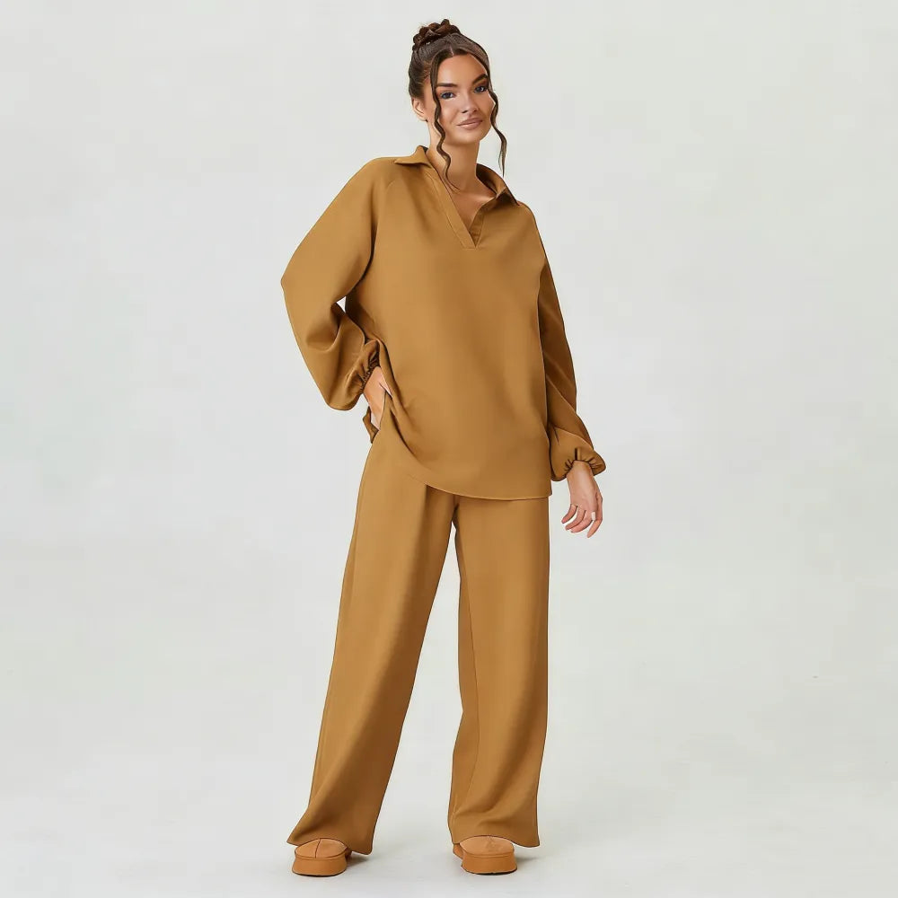 Women's Slouchy Solid Color V-Neck Loose Textured Pullover & Drawstring Waist Trousers Co-ord