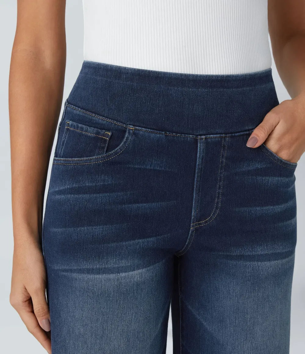 💝Last Day Promotion⚡High Waisted Multiple Pockets Baggy Wide Leg Washed Stretchy Knit Casual Jeans