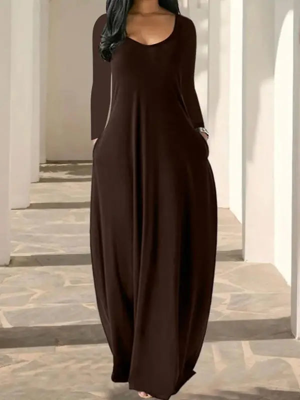 Women's Long Nightgown,Casual Round Neck Long Sleeve Pocket Sleepwear,Soft Comfortable All-Season Loungewear