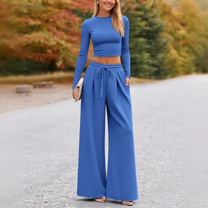2-Piece Ribbed Knit Long Sleeve Crop Top Wide Leg Pants Matching Lounge Set Loungewear