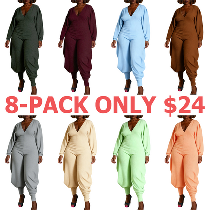 Women's Plain Bishop Sleeve Deep V Neck Jumpsuit