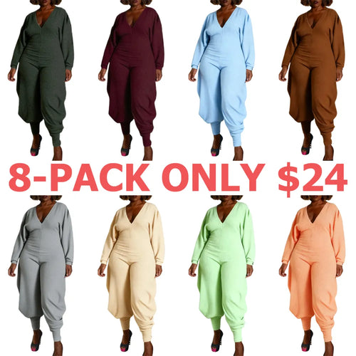 Women's Plain Bishop Sleeve Deep V Neck Jumpsuit
