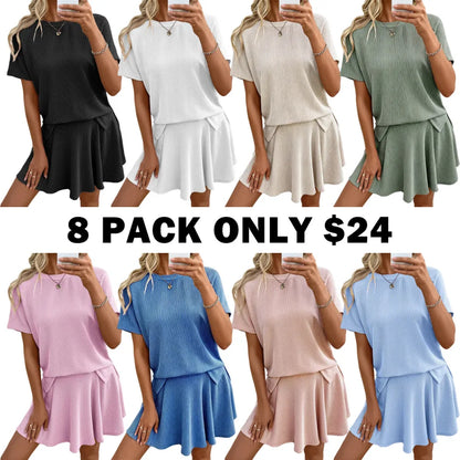 Women's 2 Piece Sets Ribbed Knit Short Sleeve Tops & Lined Pleated Mini Skirt Lounge Sets