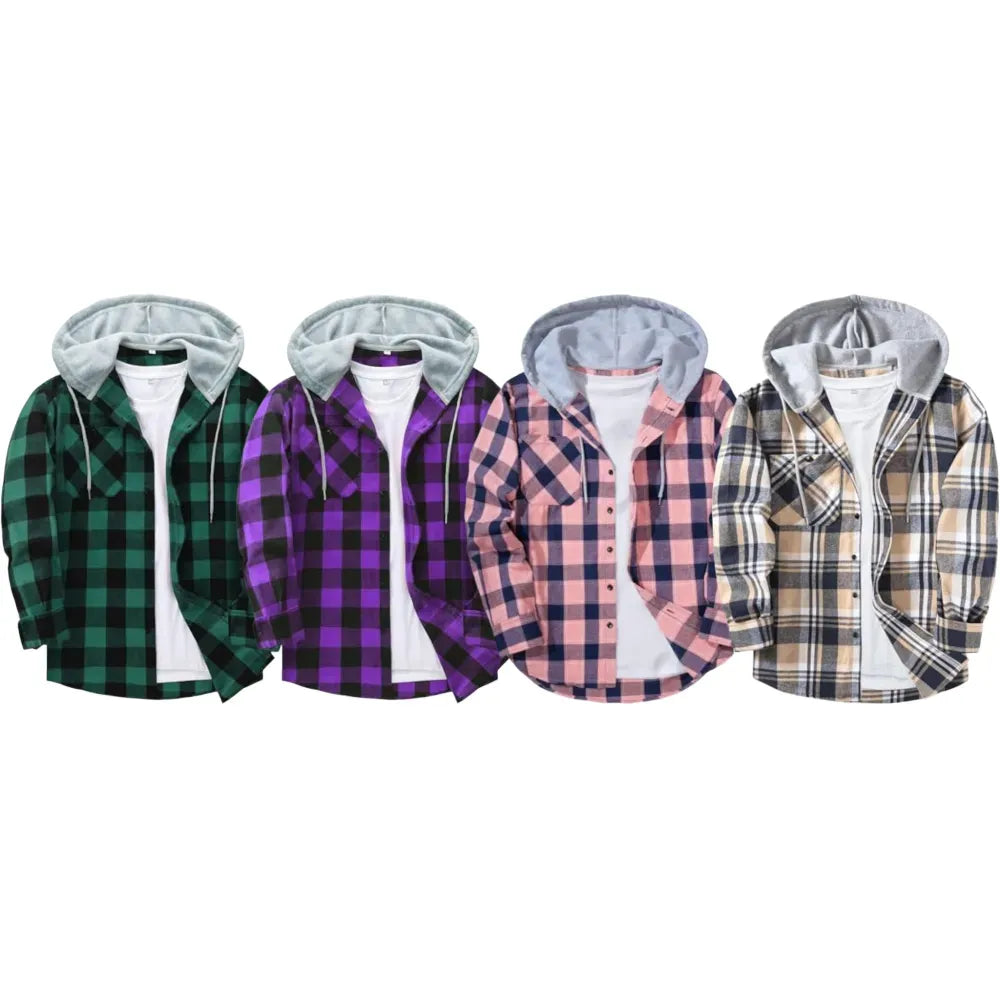 Men’s Plus Size Plaid Patchwork Hooded Jacket – Button Front Casual Outerwear with Pockets