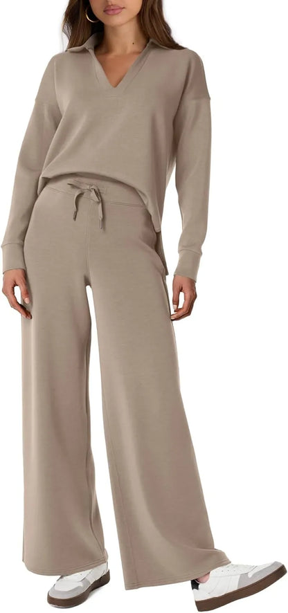 Women's 2 Piece Sets Outfits Casual Long Sleeve Sweatsuits Polo Top and Wide Leg Pants Matching Sets