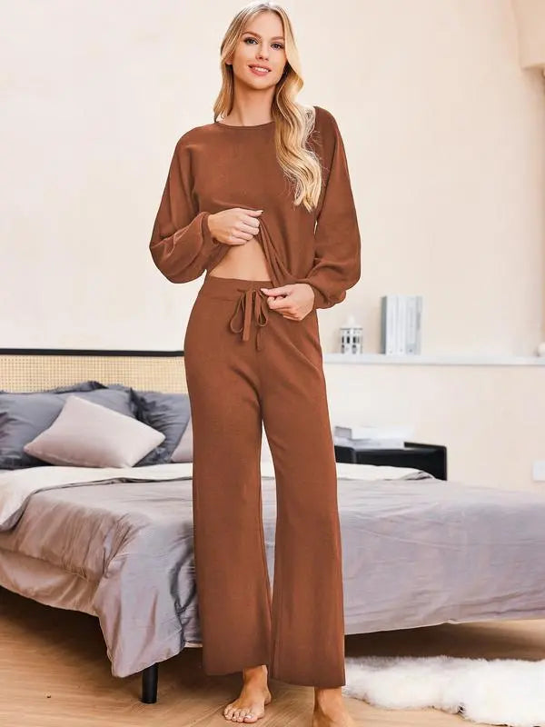 Women's two-piece set long sleeved pullover top with pockets wide leg pants casual set Pajama Loungewear Nightwear