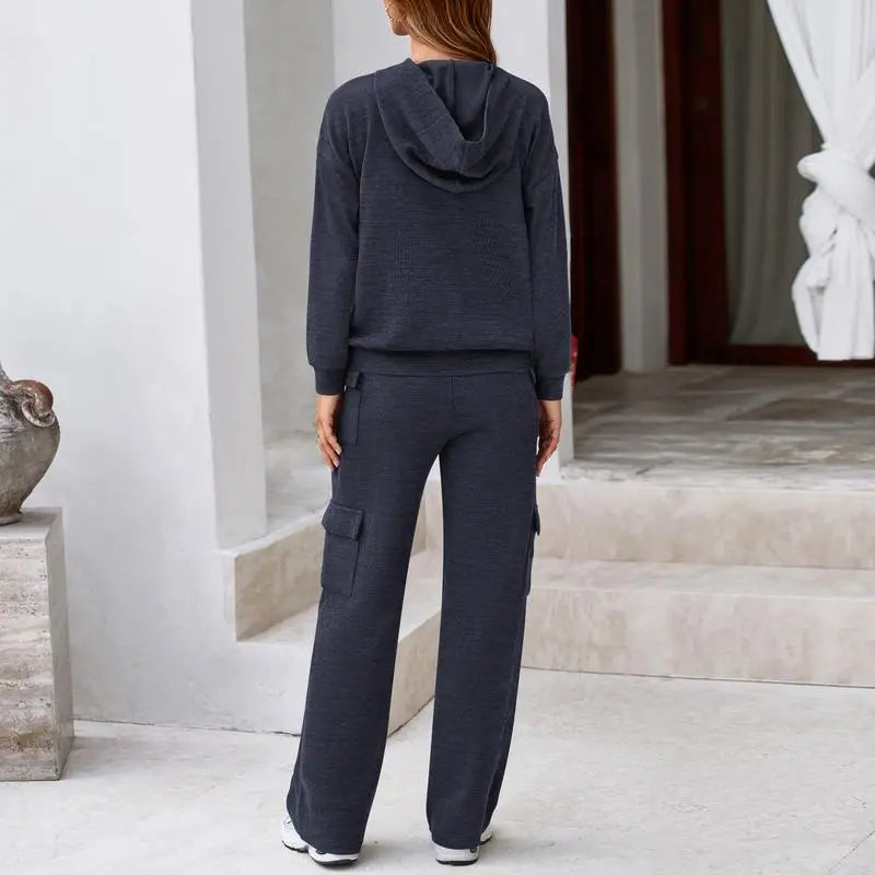 Womens Fall Outfit 2-Piece Knitted Sets Hoodie Tracksuits Wide Leg Pants With Pocket And DrawString Long Sleeve Hooded Kangoroo Pocket Tops Knitwear Sporty Loungwear, Womenswear Travel Outfit