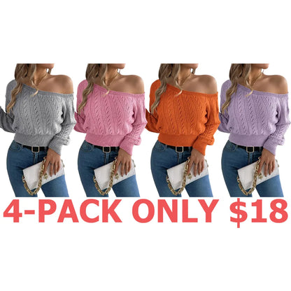 Women's Plain Textured Hollow Out Asymmetrical Neck Sweater