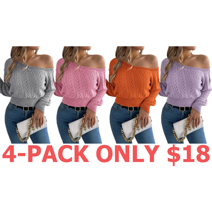 Women's Plain Textured Hollow Out Asymmetrical Neck Sweater
